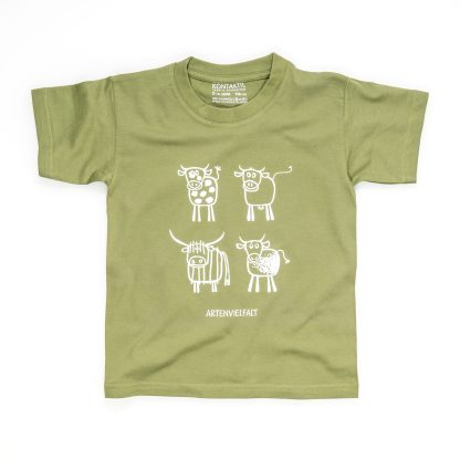 T-Shirt Kuhmotiv Kind Buben Mädchen Jungen grün Artenvielfalt Kühe